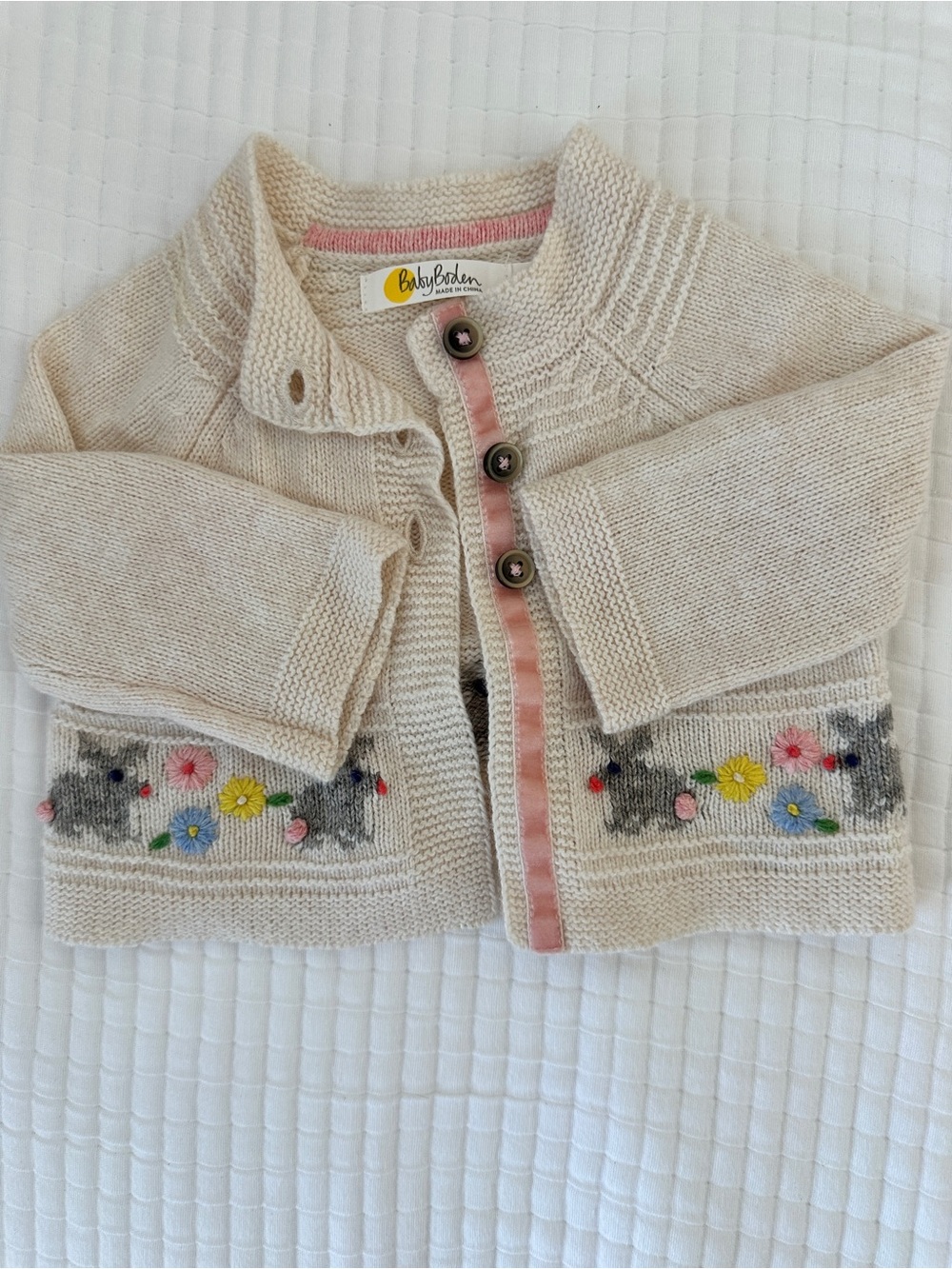 Baby Boden Cream Cardigan with Gray Bunny & Pastel Flower Embroidery